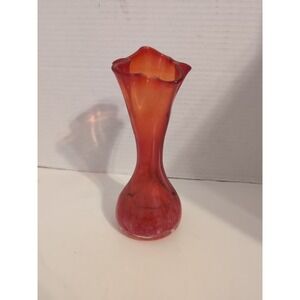 Vintage Hand Blown Art Glass Vace Orange Red Ruffled Top Mid-Cenrury Modern